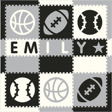 Load image into Gallery viewer, Easy Personalize- SoftTiles Sports Play Mat in Black, Light Gray & White- 6 Letter Name 6.5' x 6.5'