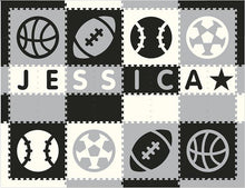 Load image into Gallery viewer, Easy Personalize- SoftTiles Sports Play Mat in Black, Light Gray & White- 8 Letter Name 6.5' x 8.5'