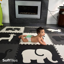 Load image into Gallery viewer, SoftTiles Safari Animals Kids Foam Play Mat (6.5 x 6.5 feet) Black, Gray, White