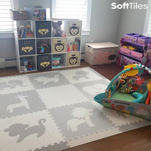 Load image into Gallery viewer, SoftTiles Safari Animals Kids Foam Play Mat (6.5 x 6.5 feet) Light Gray, White
