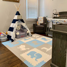 Load image into Gallery viewer, SoftTiles Safari Animals Kids Foam Play Mat (6.5 x 6.5 feet) Light Blue, Light Gray, White