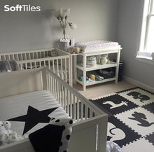Load image into Gallery viewer, SoftTiles Safari Animals Kids Foam Play Mat (6.5 x 6.5 feet) Black, Gray, White