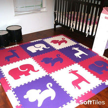 Load image into Gallery viewer, SoftTiles Safari Animals Kids Foam Play Mat (6.5 x 6.5 feet) Purple, Pink, White