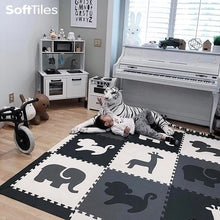 Load image into Gallery viewer, SoftTiles Safari Animals Kids Foam Play Mat (6.5 x 6.5 feet) Black, Gray, White