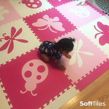 Load image into Gallery viewer, SoftTiles Bugs- Butterfly Ladybug Dragonfly Foam Play Mat (6.5 x 6.5 ft) Pink, White, and Lt. Pink