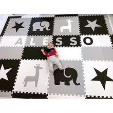 Load image into Gallery viewer, Easy Personalize- SoftTiles Stars & Safari Play Mat Blk, Wht, Lt Gray- 8 Letter Name 6.5' x 8.5'