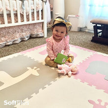 Load image into Gallery viewer, SoftTiles Safari Animals Kids Foam Play Mat (6.5 x 6.5 feet) Light Pink, Light Gray, White