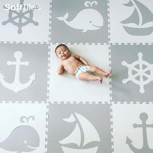 Load image into Gallery viewer, SoftTiles Nautical Theme Children's Foam Play Mat (6.5 x 6.5 feet) Light Gray, White