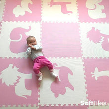 Load image into Gallery viewer, SoftTiles Safari Animals Kids Foam Play Mat (6.5 x 6.5 feet) Light Pink, White