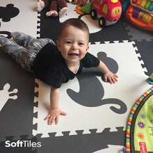 Load image into Gallery viewer, SoftTiles Safari Animals Kids Foam Play Mat (6.5 x 6.5 feet) Black, Gray, White