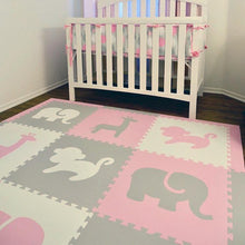 Load image into Gallery viewer, SoftTiles Safari Animals Kids Foam Play Mat (6.5 x 6.5 feet) Light Pink, Light Gray, White