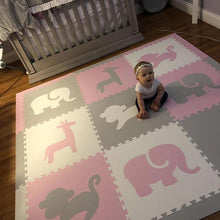 Load image into Gallery viewer, SoftTiles Safari Animals Kids Foam Play Mat (6.5 x 6.5 feet) Light Pink, Light Gray, White