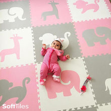 Load image into Gallery viewer, SoftTiles Safari Animals Kids Foam Play Mat (6.5 x 6.5 feet) Light Pink, Light Gray, White