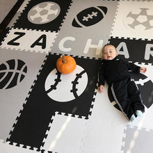 Load image into Gallery viewer, Easy Personalize- SoftTiles Sports Play Mat in Black, Light Gray & White- 8 Letter Name 6.5' x 8.5'