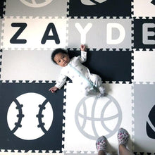 Load image into Gallery viewer, Easy Personalize- SoftTiles Sports Play Mat in Black, Light Gray & White- 6 Letter Name 6.5' x 6.5'