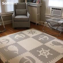 Load image into Gallery viewer, SoftTiles Nautical Theme Children's Foam Play Mat (6.5 x 6.5 feet) Light Gray, White

