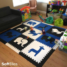 Load image into Gallery viewer, SoftTiles Safari Animals Kids Foam Play Mat (6.5 x 6.5 feet) Blue, Black, White
