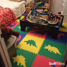 Load image into Gallery viewer, SoftTiles Dinosaur Children's Foam Play Mat (6.5 x 6.5 feet) Red, Yellow, Blue, Green
