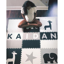 Load image into Gallery viewer, Easy Personalize- SoftTiles Stars &amp; Safari Play Mat Blk, Wht, Lt Gray- 6 Letter Name 6.5' x 6.5'
