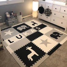 Load image into Gallery viewer, Easy Personalize- SoftTiles Stars &amp; Safari Play Mat Blk, Wht, Lt Gray- 6 Letter Name 6.5' x 6.5'
