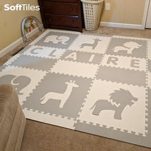 Load image into Gallery viewer, Easy Personalize- SoftTiles Safari Play Mat in Light Gray and White-6 Letter Name 6.5' x 6.5'
