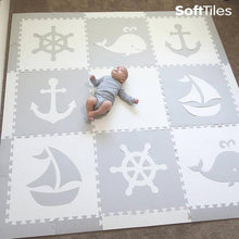Load image into Gallery viewer, SoftTiles Nautical Theme Children's Foam Play Mat (6.5 x 6.5 feet) Light Gray, White
