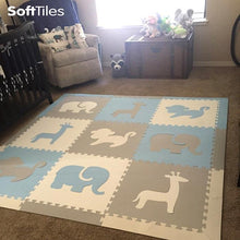 Load image into Gallery viewer, SoftTiles Safari Animals Kids Foam Play Mat (6.5 x 6.5 feet) Light Blue, Light Gray, White
