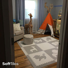 Load image into Gallery viewer, SoftTiles Safari Animals Kids Foam Play Mat (6.5 x 6.5 feet) Light Gray, White
