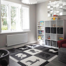 Load image into Gallery viewer, SoftTiles Safari Animals Kids Foam Play Mat (6.5 x 6.5 feet) Black, Gray, White
