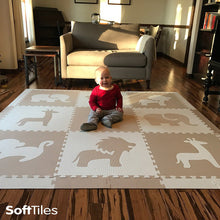Load image into Gallery viewer, SoftTiles Safari Animals Kids Foam Play Mat (6.5 x 6.5 feet) Tan, White
