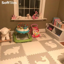 Load image into Gallery viewer, SoftTiles Woodland Animals Kids Foam Play Mat (6.5 x 6.5 feet) with Borders Light Gray and White
