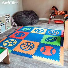 Load image into Gallery viewer, SoftTiles Sports Theme Children's Play Mat (6.5 x 6.5 feet) Blue, Red, Orange, Yellow, Lime
