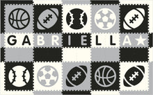 Load image into Gallery viewer, Easy Personalize- SoftTiles Sports Play Mat in Black, Light Gray &amp; White 10 Letter Name 6.5' x 10.5'
