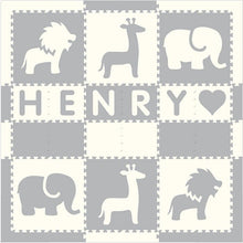 Load image into Gallery viewer, Easy Personalize- SoftTiles Safari Play Mat in Light Gray and White-6 Letter Name 6.5' x 6.5'
