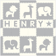 Load image into Gallery viewer, Easy Personalize- SoftTiles Safari Play Mat in Light Gray and White-6 Letter Name 6.5' x 6.5'
