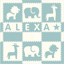 Load image into Gallery viewer, Easy Personalize- SoftTiles Safari Animals Play Mat Light Blue &amp; White -6 Letter Name 6.5' x 6.5'
